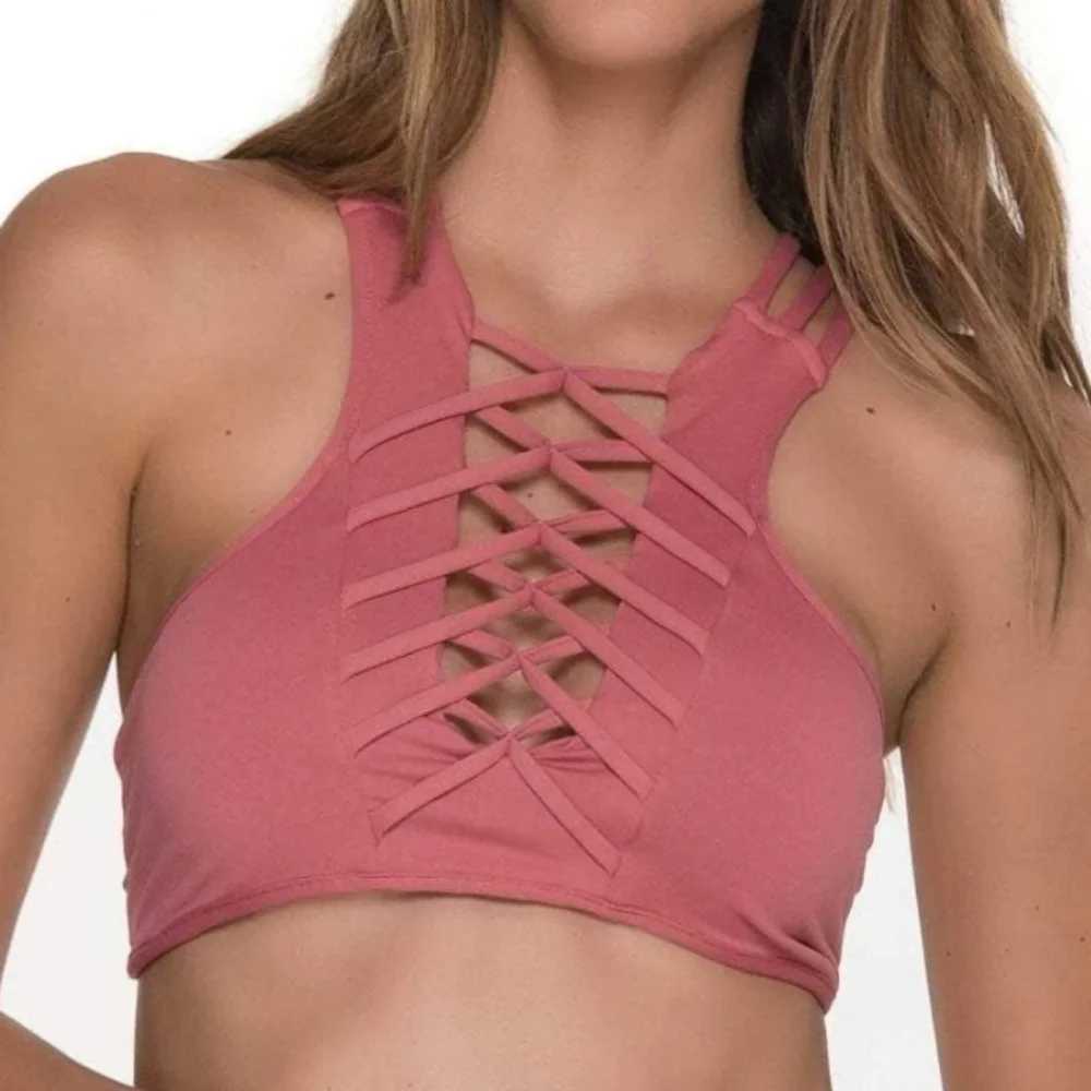 NWT Malai Handmade Fishbone High Neck Bikini Swim Top In Rose Size Large